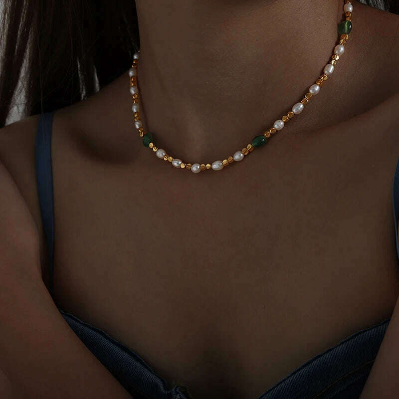Women Natural Freshwater Pearl Necklace Green Natural Stone Jewelry Accessories Gold Plated Beaded Chain Girl Gift Sale - KIMLUD