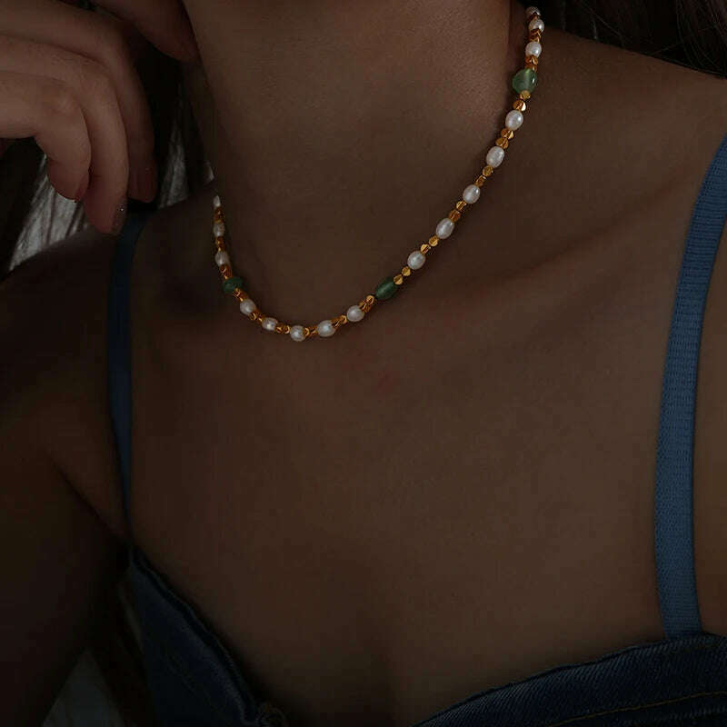 Women Natural Freshwater Pearl Necklace Green Natural Stone Jewelry Accessories Gold Plated Beaded Chain Girl Gift Sale - KIMLUD