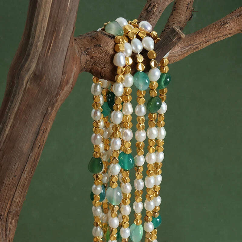 Women Natural Freshwater Pearl Necklace Green Natural Stone Jewelry Accessories Gold Plated Beaded Chain Girl Gift Sale - KIMLUD
