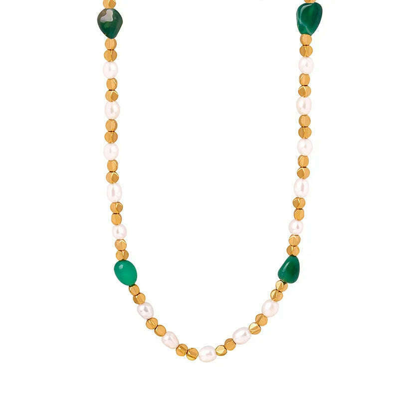 Women Natural Freshwater Pearl Necklace Green Natural Stone Jewelry Accessories Gold Plated Beaded Chain Girl Gift Sale - KIMLUD