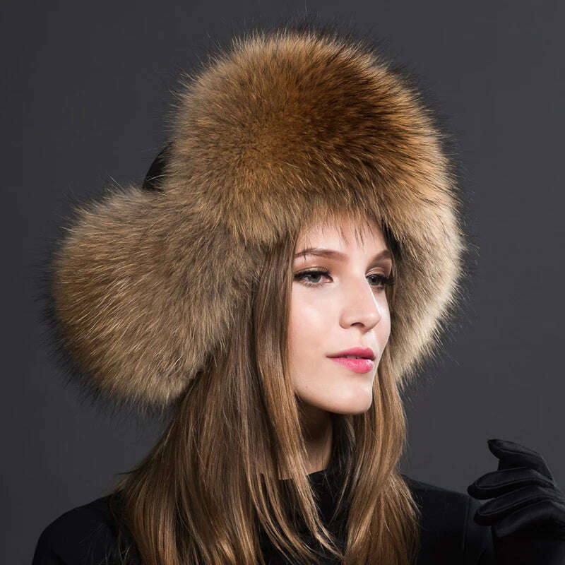 Women Natural Raccoon Fur Caps Ushanka Hats for Winter Thick Warm Ears Fashion Bomber Pom Pom Hat Lady Real Fox Fur Cap Pompon - KIMLUD