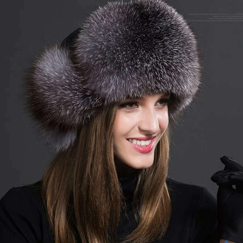 Women Natural Raccoon Fur Caps Ushanka Hats for Winter Thick Warm Ears Fashion Bomber Pom Pom Hat Lady Real Fox Fur Cap Pompon - KIMLUD