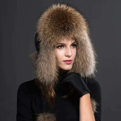 Women Natural Raccoon Fur Caps Ushanka Hats for Winter Thick Warm Ears Fashion Bomber Pom Pom Hat Lady Real Fox Fur Cap Pompon - KIMLUD