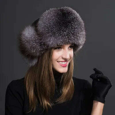 Women Natural Raccoon Fur Caps Ushanka Hats for Winter Thick Warm Ears Fashion Bomber Pom Pom Hat Lady Real Fox Fur Cap Pompon - KIMLUD
