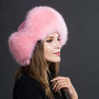 KIMLUD, Women Natural Raccoon Fur Caps Ushanka Hats for Winter Thick Warm Ears Fashion Bomber Pom Pom Hat Lady Real Fox Fur Cap Pompon, pink / One Size, KIMLUD Womens Clothes