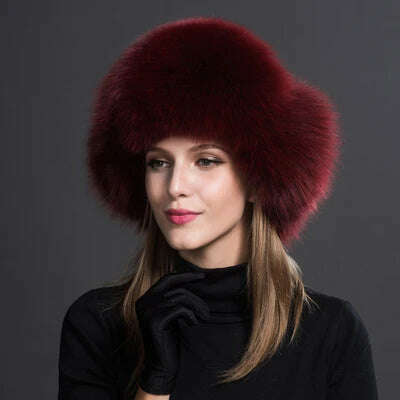 Women Natural Raccoon Fur Caps Ushanka Hats for Winter Thick Warm Ears Fashion Bomber Pom Pom Hat Lady Real Fox Fur Cap Pompon, wine red / One Size, KIMLUD Women's Clothes