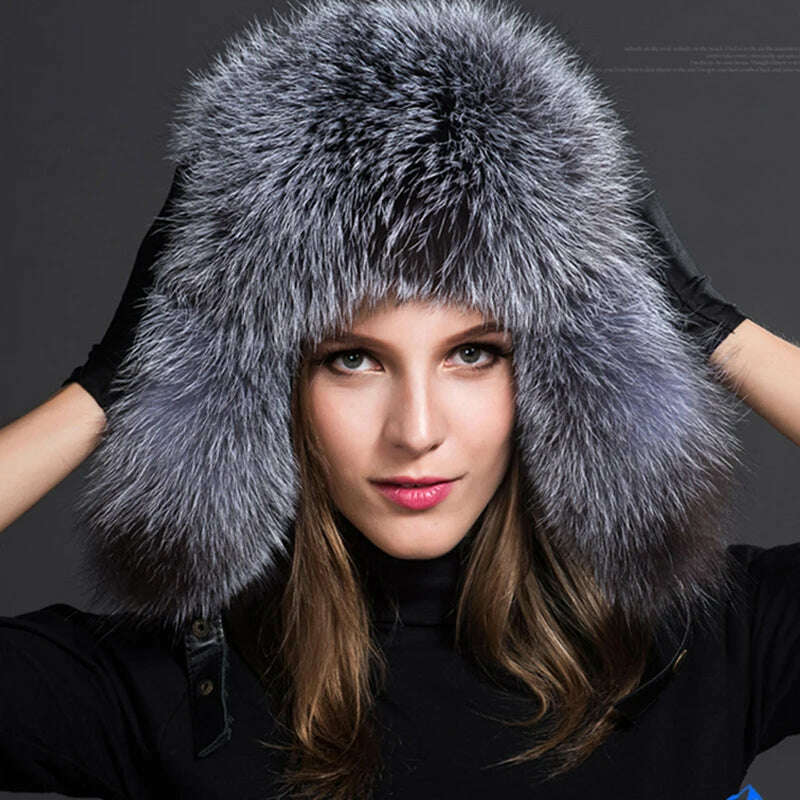 Women Natural Raccoon Fur Caps Ushanka Hats for Winter Thick Warm Ears Fashion Bomber Pom Pom Hat Lady Real Fox Fur Cap Pompon, KIMLUD Women's Clothes