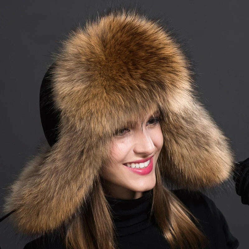 Women Natural Raccoon Fur Caps Ushanka Hats for Winter Thick Warm Ears Fashion Bomber Pom Pom Hat Lady Real Fox Fur Cap Pompon - KIMLUD
