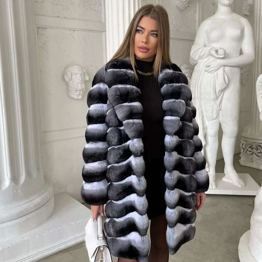 Women Natural Rex Rabbit Fur Coat With Fur Collar Warm Winter Jacket Women Warm Chinchilla Fur Jacket Real Fur Coat New - KIMLUD