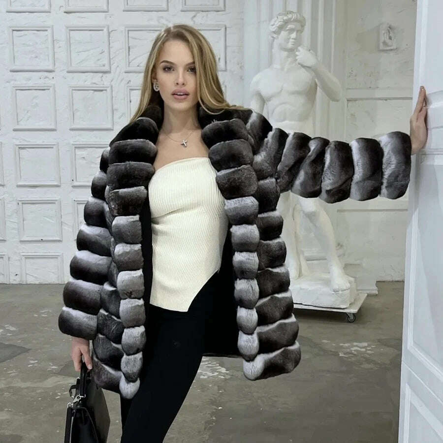 KIMLUD, Women Natural Rex Rabbit Fur Coat With Fur Collar Warm Winter Jacket Women Warm Chinchilla Fur Jacket Real Fur Coat New, KIMLUD Womens Clothes