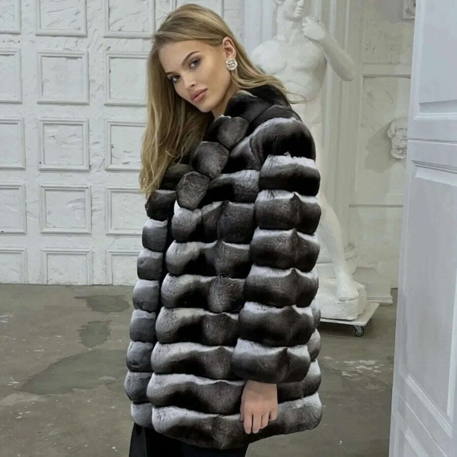 KIMLUD, Women Natural Rex Rabbit Fur Coat With Fur Collar Warm Winter Jacket Women Warm Chinchilla Fur Jacket Real Fur Coat New, KIMLUD Womens Clothes