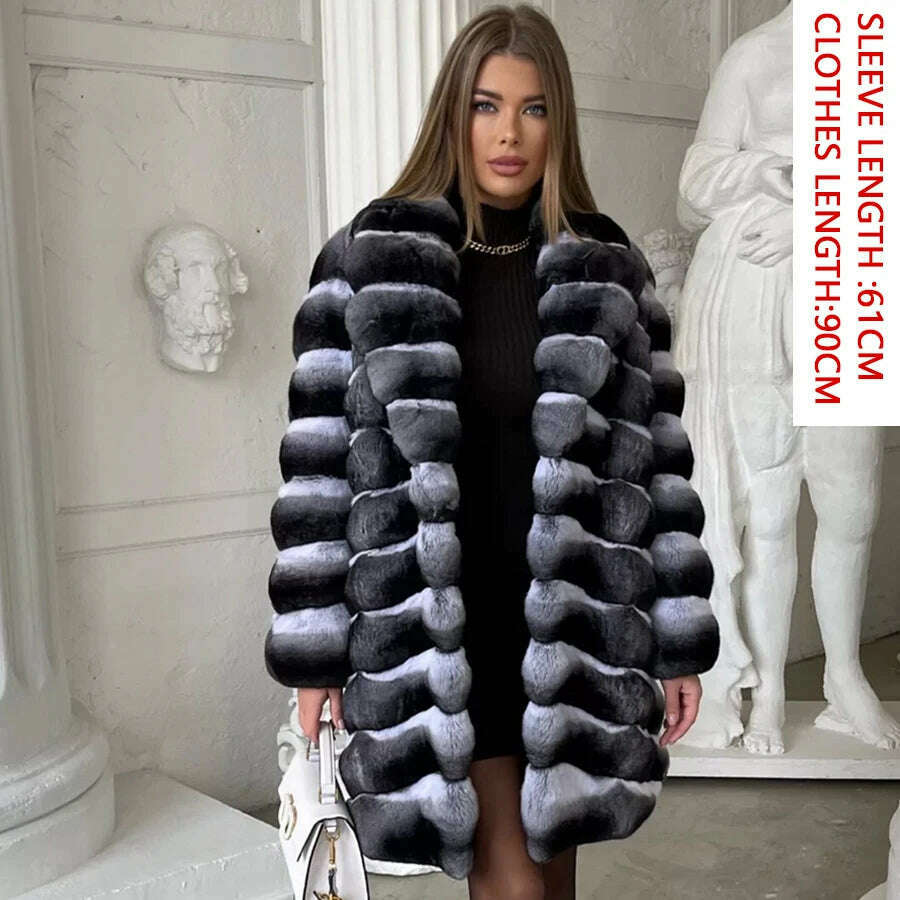 KIMLUD, Women Natural Rex Rabbit Fur Coat With Fur Collar Warm Winter Jacket Women Warm Chinchilla Fur Jacket Real Fur Coat New, 2 / XS-BUST-90CM, KIMLUD Womens Clothes