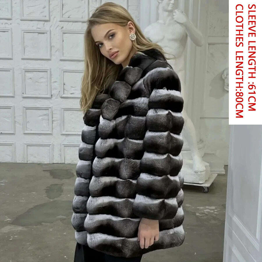 KIMLUD, Women Natural Rex Rabbit Fur Coat With Fur Collar Warm Winter Jacket Women Warm Chinchilla Fur Jacket Real Fur Coat New, 3 / XS-BUST-90CM, KIMLUD Womens Clothes