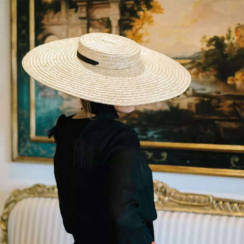 Women Natural Wheat Straw Hat Ribbon Tie 15cm Brim Boater Hat Derby Beach Sun Hat Cap Lady Summer Wide Brim UV Protect Hats - KIMLUD