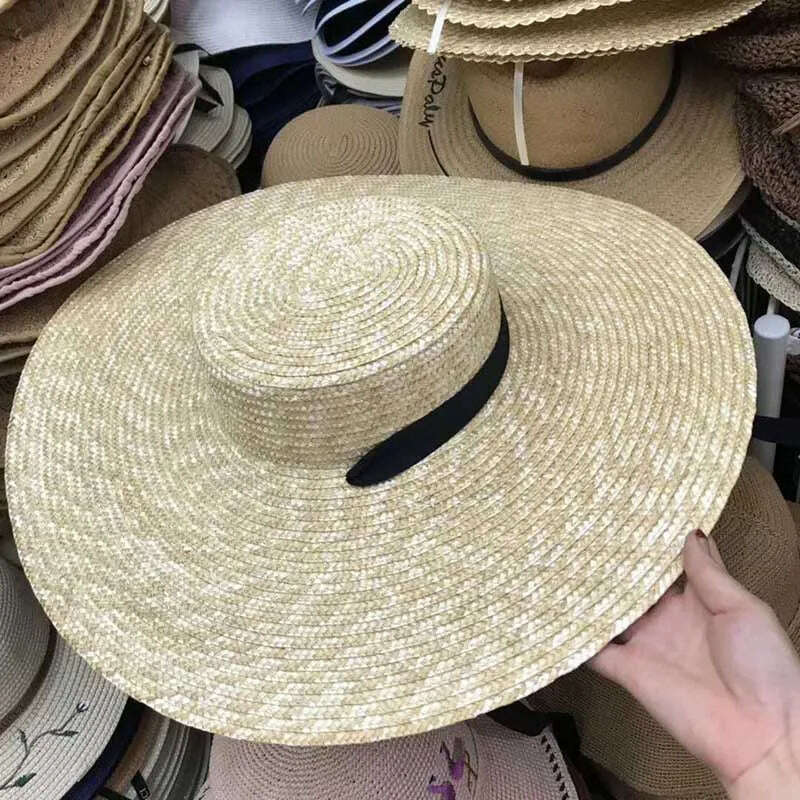 Women Natural Wheat Straw Hat Ribbon Tie 15cm Brim Boater Hat Derby Beach Sun Hat Cap Lady Summer Wide Brim UV Protect Hats - KIMLUD