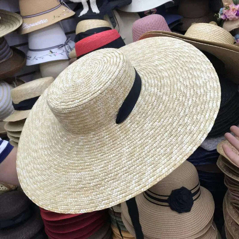 Women Natural Wheat Straw Hat Ribbon Tie 15cm Brim Boater Hat Derby Beach Sun Hat Cap Lady Summer Wide Brim UV Protect Hats - KIMLUD
