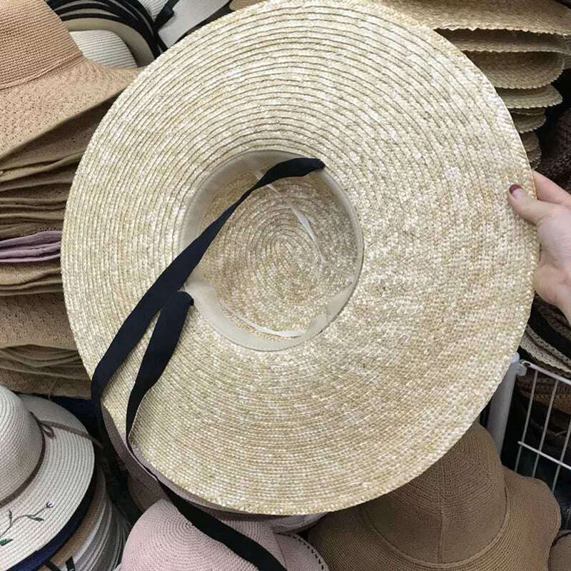 Women Natural Wheat Straw Hat Ribbon Tie 15cm Brim Boater Hat Derby Beach Sun Hat Cap Lady Summer Wide Brim UV Protect Hats - KIMLUD