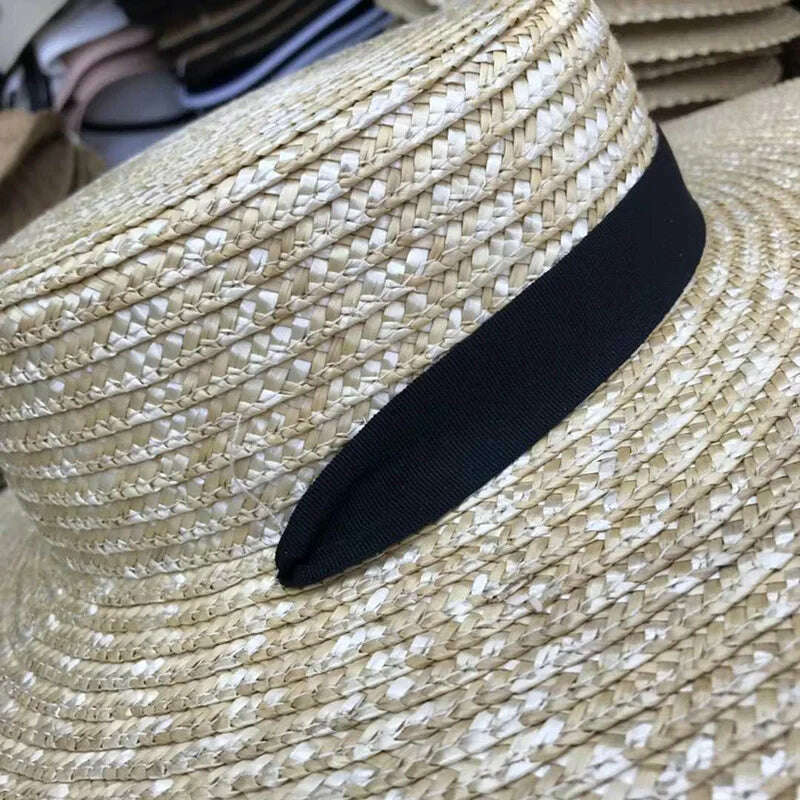 Women Natural Wheat Straw Hat Ribbon Tie 15cm Brim Boater Hat Derby Beach Sun Hat Cap Lady Summer Wide Brim UV Protect Hats - KIMLUD