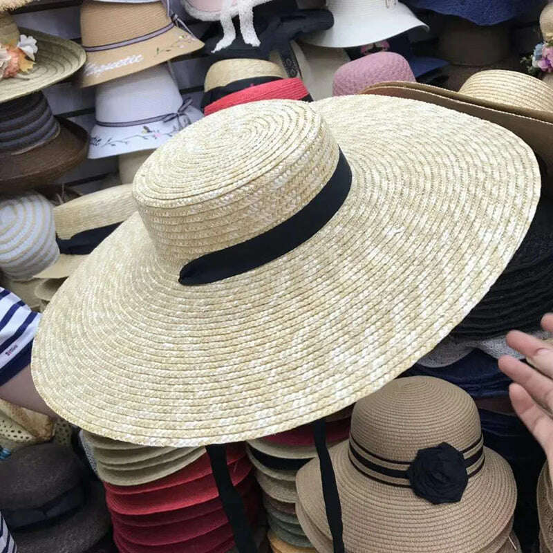 Women Natural Wheat Straw Hat Ribbon Tie 15cm Brim Boater Hat Derby Beach Sun Hat Cap Lady Summer Wide Brim UV Protect Hats - KIMLUD