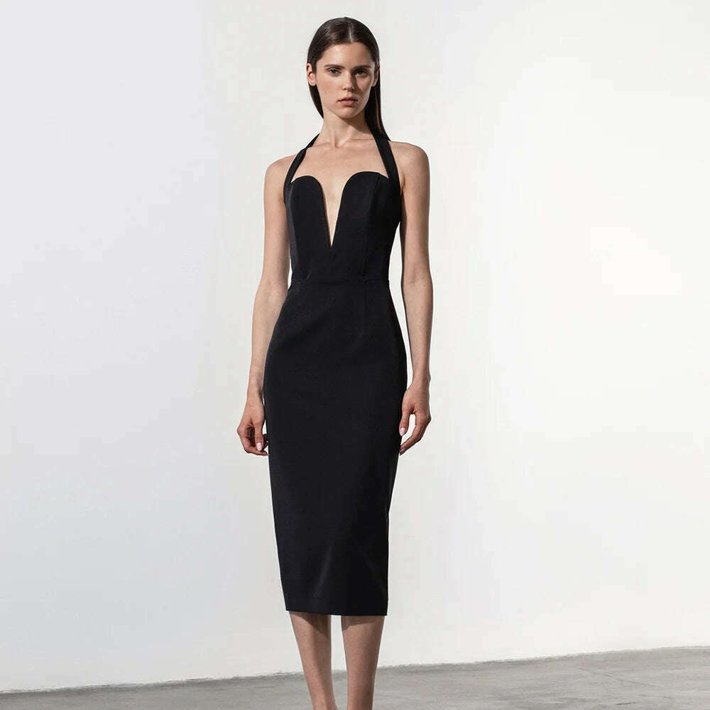 Women New Summer Backless Halter Midi Bandage Dress Sleeveless Black Deep V Neck Bodycon Sexy Elegant Evening Nightclub Party Dr - KIMLUD