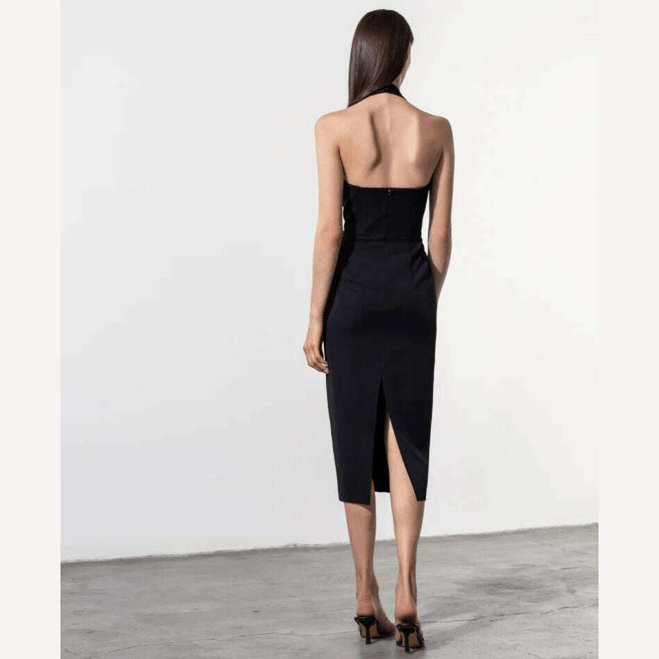 Women New Summer Backless Halter Midi Bandage Dress Sleeveless Black Deep V Neck Bodycon Sexy Elegant Evening Nightclub Party Dr - KIMLUD