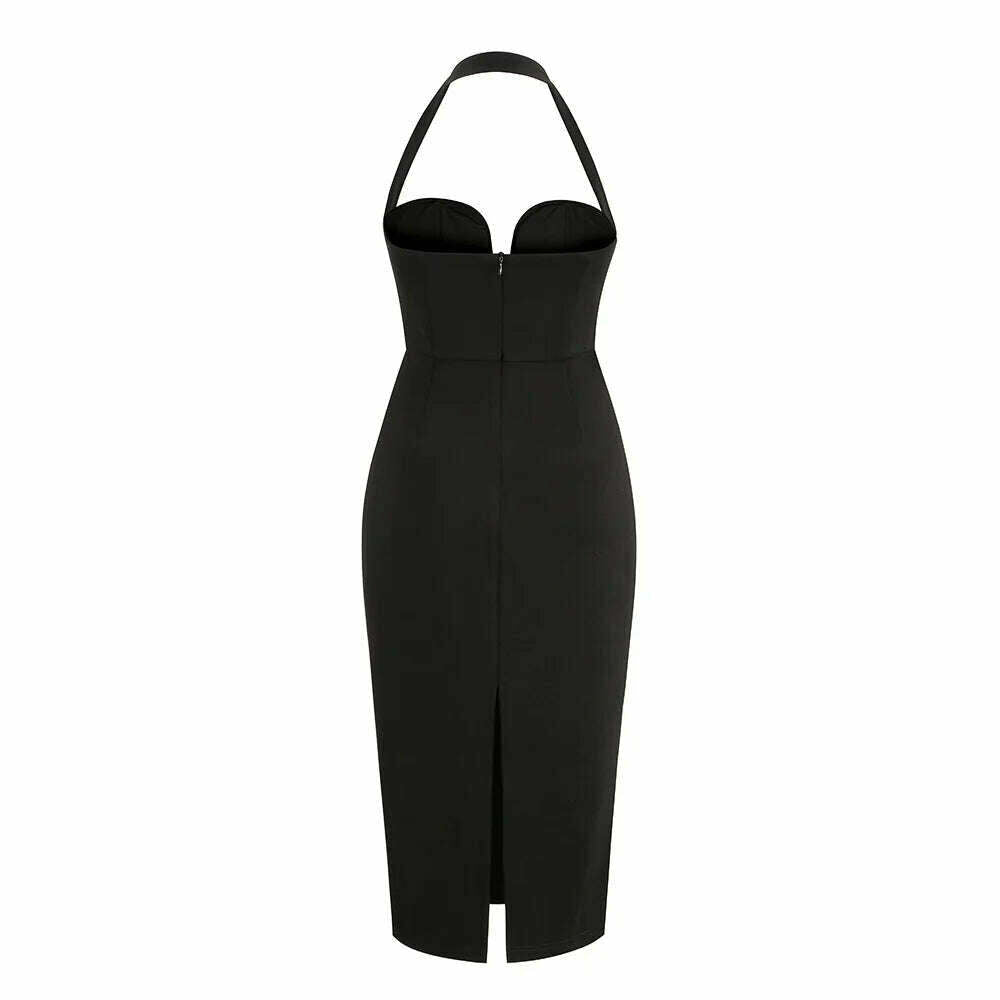 Women New Summer Backless Halter Midi Bandage Dress Sleeveless Black Deep V Neck Bodycon Sexy Elegant Evening Nightclub Party Dr - KIMLUD