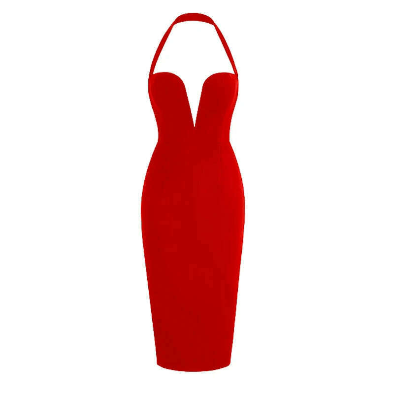 Women New Summer Backless Halter Midi Bandage Dress Sleeveless Black Deep V Neck Bodycon Sexy Elegant Evening Nightclub Party Dr - KIMLUD