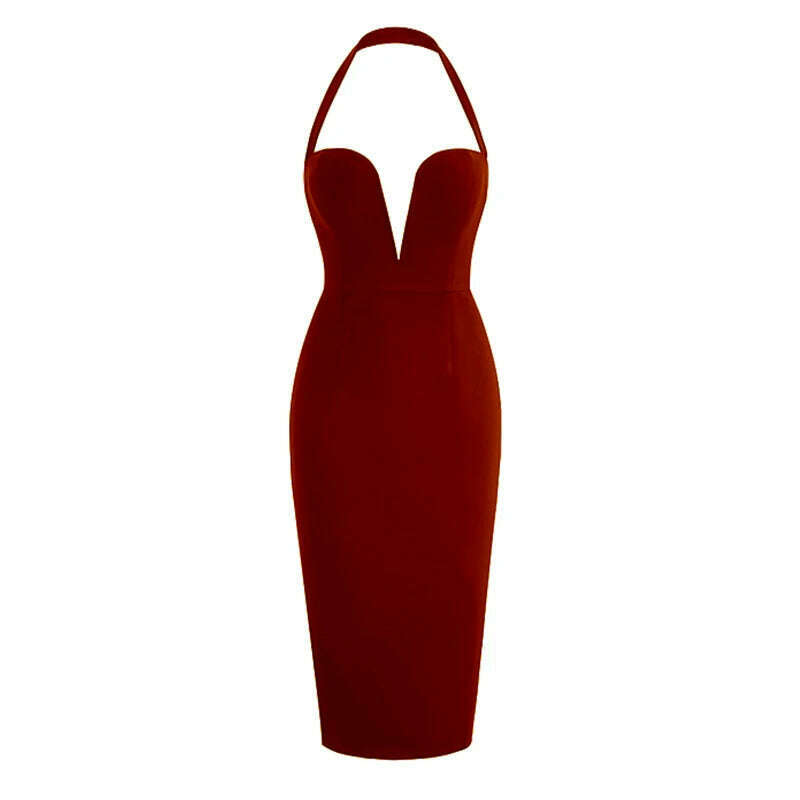 Women New Summer Backless Halter Midi Bandage Dress Sleeveless Black Deep V Neck Bodycon Sexy Elegant Evening Nightclub Party Dr - KIMLUD