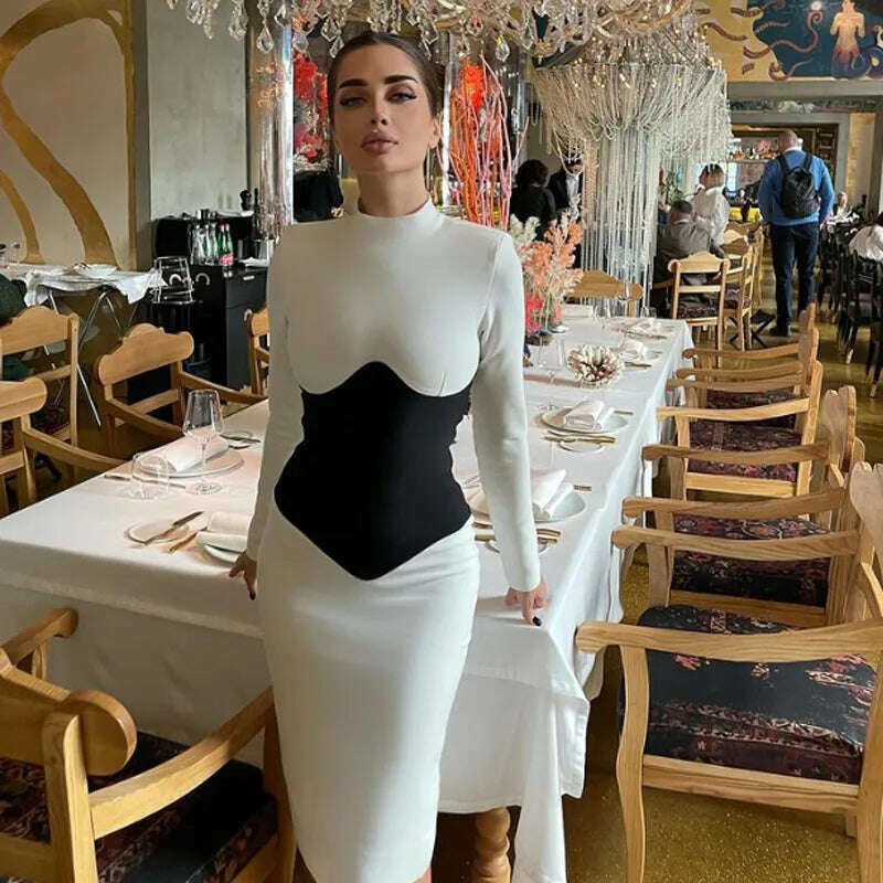 Women O Neck Bandage Dress 2022 New Summer Sexy Long Sleeve Fashion Stitching Tight Patchwork Club Female Party Midi Vestidos - KIMLUD