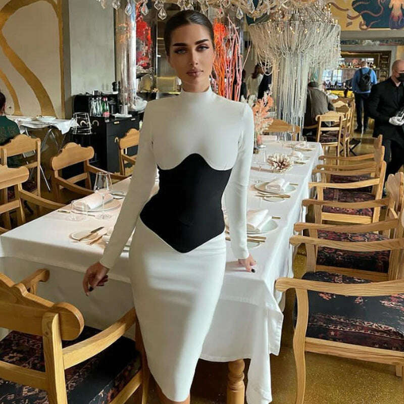 Women O Neck Bandage Dress 2022 New Summer Sexy Long Sleeve Fashion Stitching Tight Patchwork Club Female Party Midi Vestidos - KIMLUD