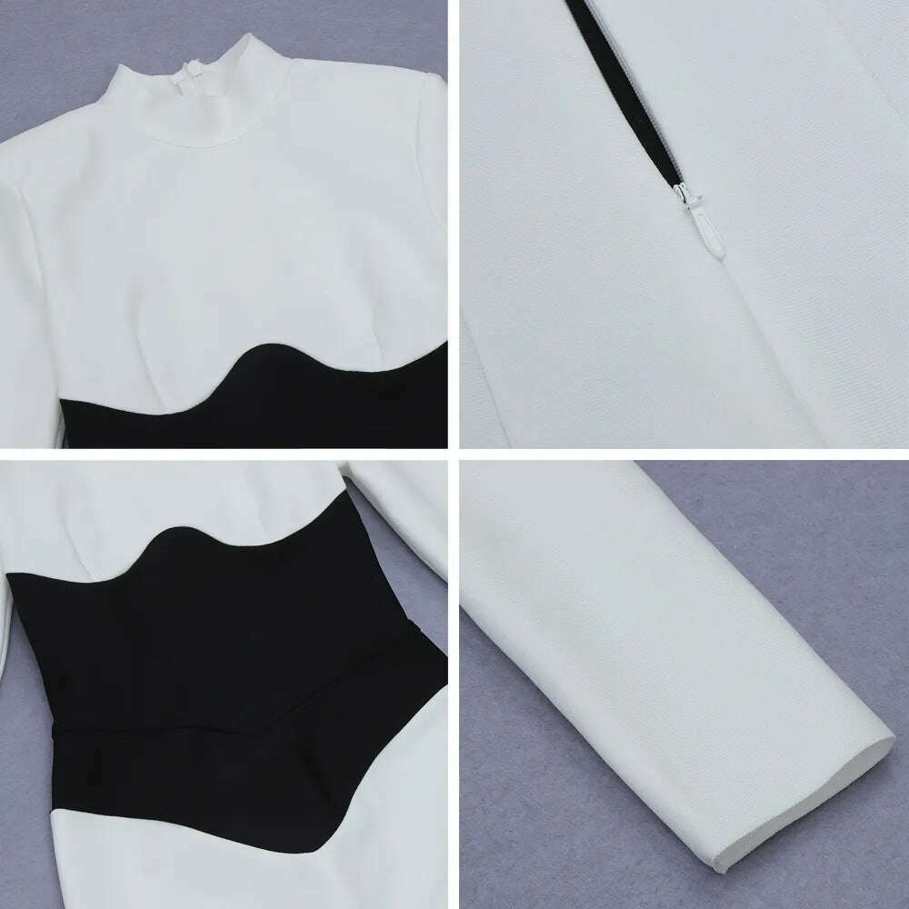 Women O Neck Bandage Dress 2022 New Summer Sexy Long Sleeve Fashion Stitching Tight Patchwork Club Female Party Midi Vestidos - KIMLUD
