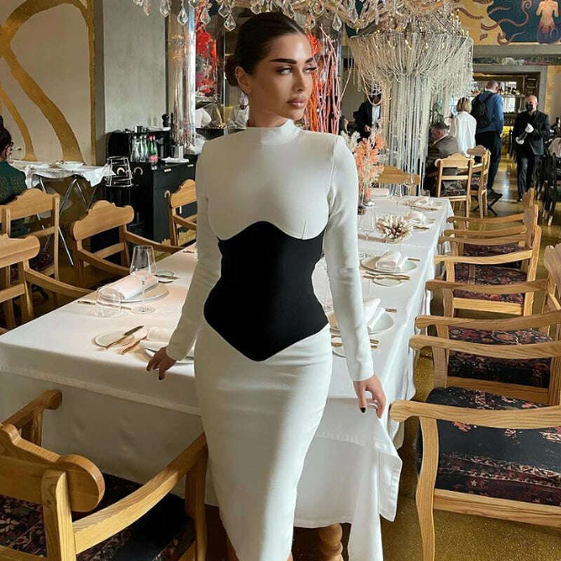 Women O Neck Bandage Dress 2022 New Summer Sexy Long Sleeve Fashion Stitching Tight Patchwork Club Female Party Midi Vestidos - KIMLUD