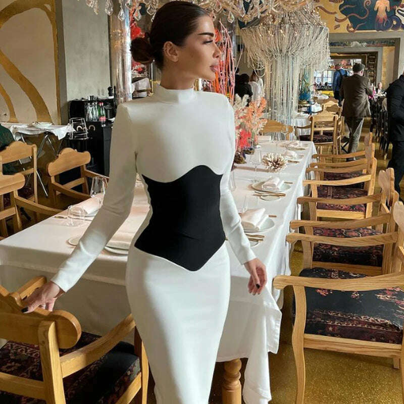 Women O Neck Bandage Dress 2022 New Summer Sexy Long Sleeve Fashion Stitching Tight Patchwork Club Female Party Midi Vestidos - KIMLUD