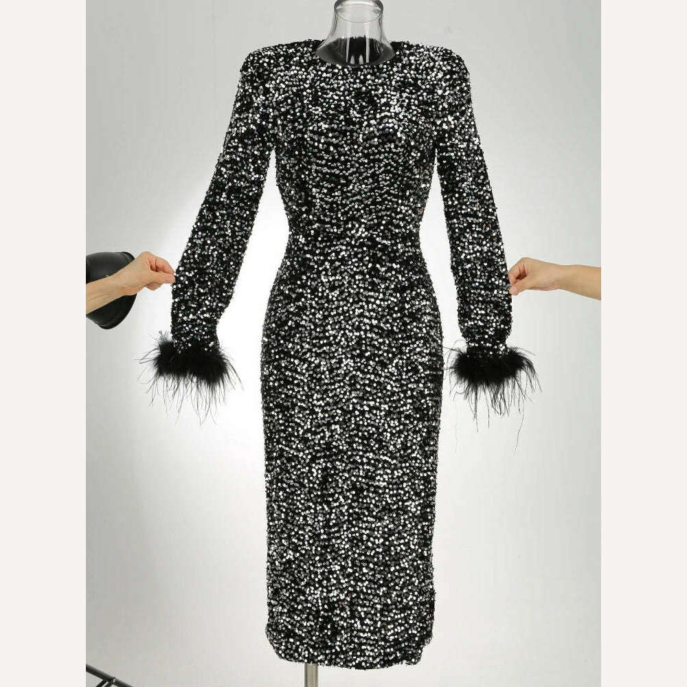 Women O Neck Long Sleeve Luxury Sequin Feather Bodycon Dress Elegant Feather Long Sleeve Skinny Dress Celebrity Evening Party, Black / XS, KIMLUD Women's Clothes