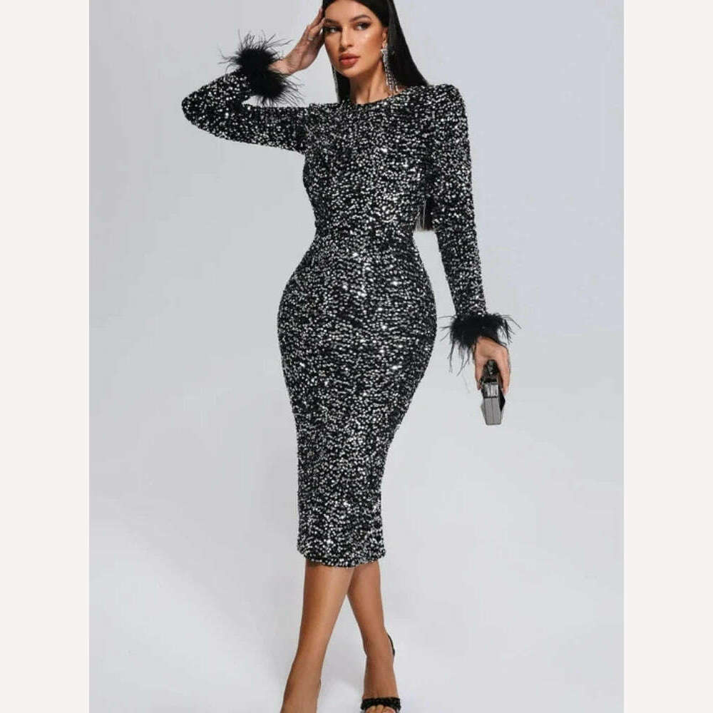 KIMLUD, Women O Neck Long Sleeve Luxury Sequin Feather Bodycon Dress Elegant Feather Long Sleeve Skinny Dress Celebrity Evening Party, KIMLUD Womens Clothes