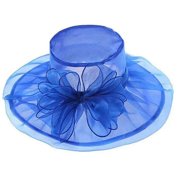 KIMLUD, Women Organza Wide Brim Summer Sun Hat Elegant Floral Adorn Ladies Church Kentucky Derby Fascinator Tea Party Wedding Hat, Blue, KIMLUD Womens Clothes