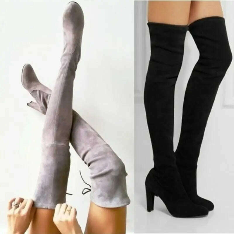 Women Over The Knee Boots Suede Sexy High Heels Lace Up Long Boots Autumn Winter Warm Female Shoes Slim Thigh High Boots Party - KIMLUD