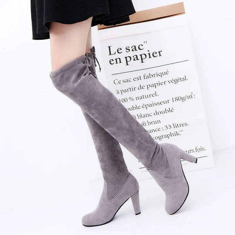 Women Over The Knee Boots Suede Sexy High Heels Lace Up Long Boots Autumn Winter Warm Female Shoes Slim Thigh High Boots Party - KIMLUD