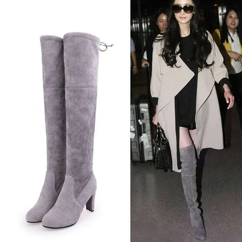 Women Over The Knee Boots Suede Sexy High Heels Lace Up Long Boots Autumn Winter Warm Female Shoes Slim Thigh High Boots Party - KIMLUD