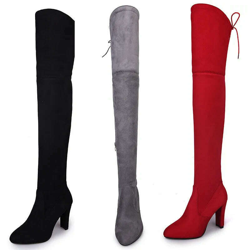 Women Over The Knee Boots Suede Sexy High Heels Lace Up Long Boots Autumn Winter Warm Female Shoes Slim Thigh High Boots Party - KIMLUD