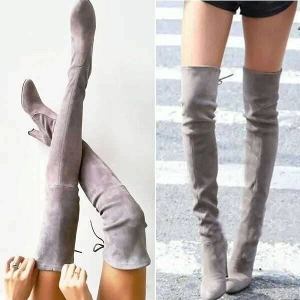 Women Over The Knee Boots Suede Sexy High Heels Lace Up Long Boots Autumn Winter Warm Female Shoes Slim Thigh High Boots Party - KIMLUD