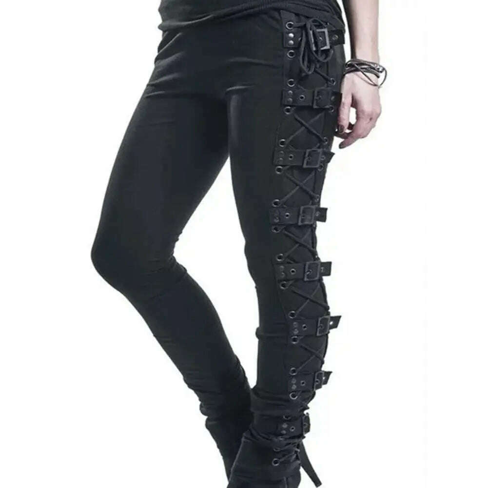 Women Pants Drawstring Eyelet Punk Ladies Slim-fitting High Stretch Pencil Pants for Sports - KIMLUD