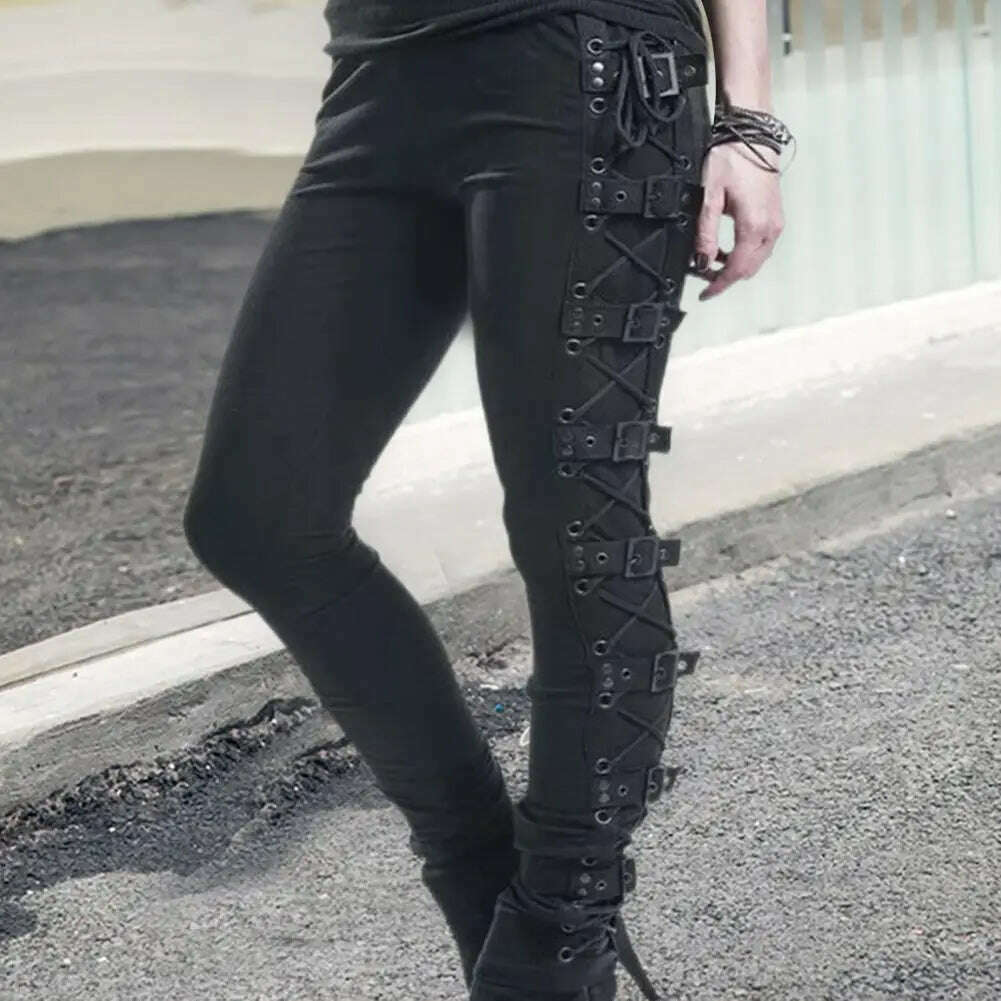 Women Pants Drawstring Eyelet Punk Ladies Slim-fitting High Stretch Pencil Pants for Sports - KIMLUD