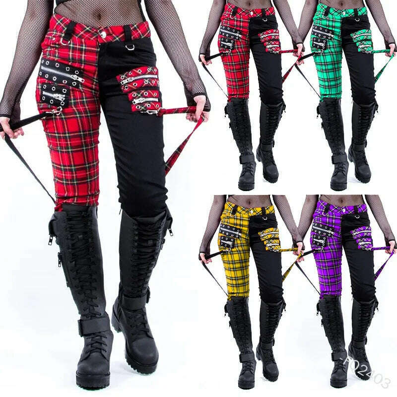 KIMLUD, Women Pants Plaid Autumn Trousers  Personality Bandage Splice Casual Women's Print Large Size Pencil Clothing, KIMLUD Womens Clothes