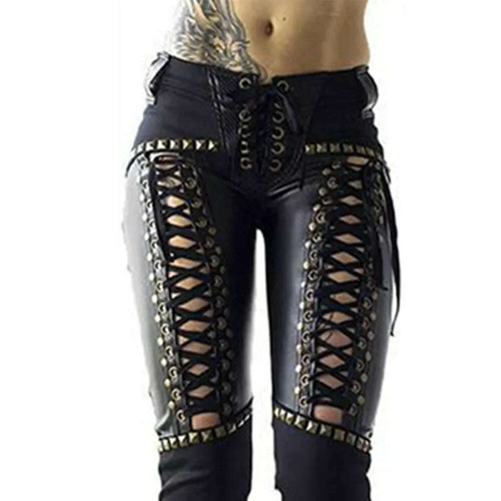 Women Pants Punk Rock Imitation Leather Pencil Pants - KIMLUD