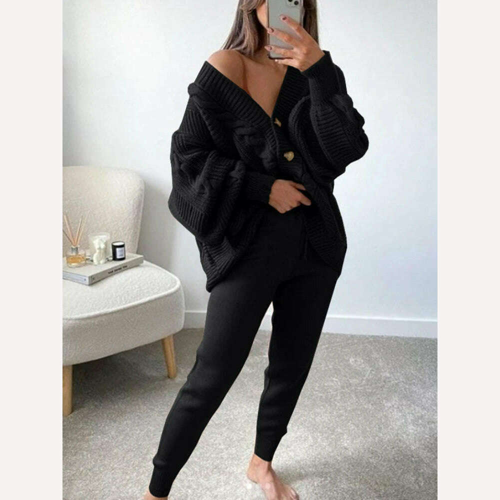 KIMLUD, Women Pants Sets 2 Pieces Sets Casual Botton Single Breasted Cardigan High Waist Length Pant Winter Sets Knitted Sweater Suits, Black / S, KIMLUD Women's Clothes