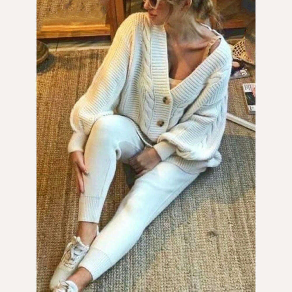 KIMLUD, Women Pants Sets 2 Pieces Sets Casual Botton Single Breasted Cardigan High Waist Length Pant Winter Sets Knitted Sweater Suits, Beige / 3XL, KIMLUD APPAREL - Womens Clothes