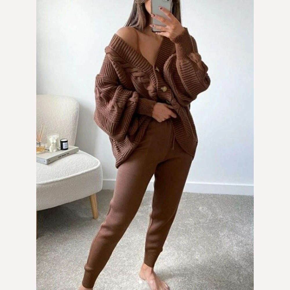 KIMLUD, Women Pants Sets 2 Pieces Sets Casual Botton Single Breasted Cardigan High Waist Length Pant Winter Sets Knitted Sweater Suits, Brown / S, KIMLUD Women's Clothes