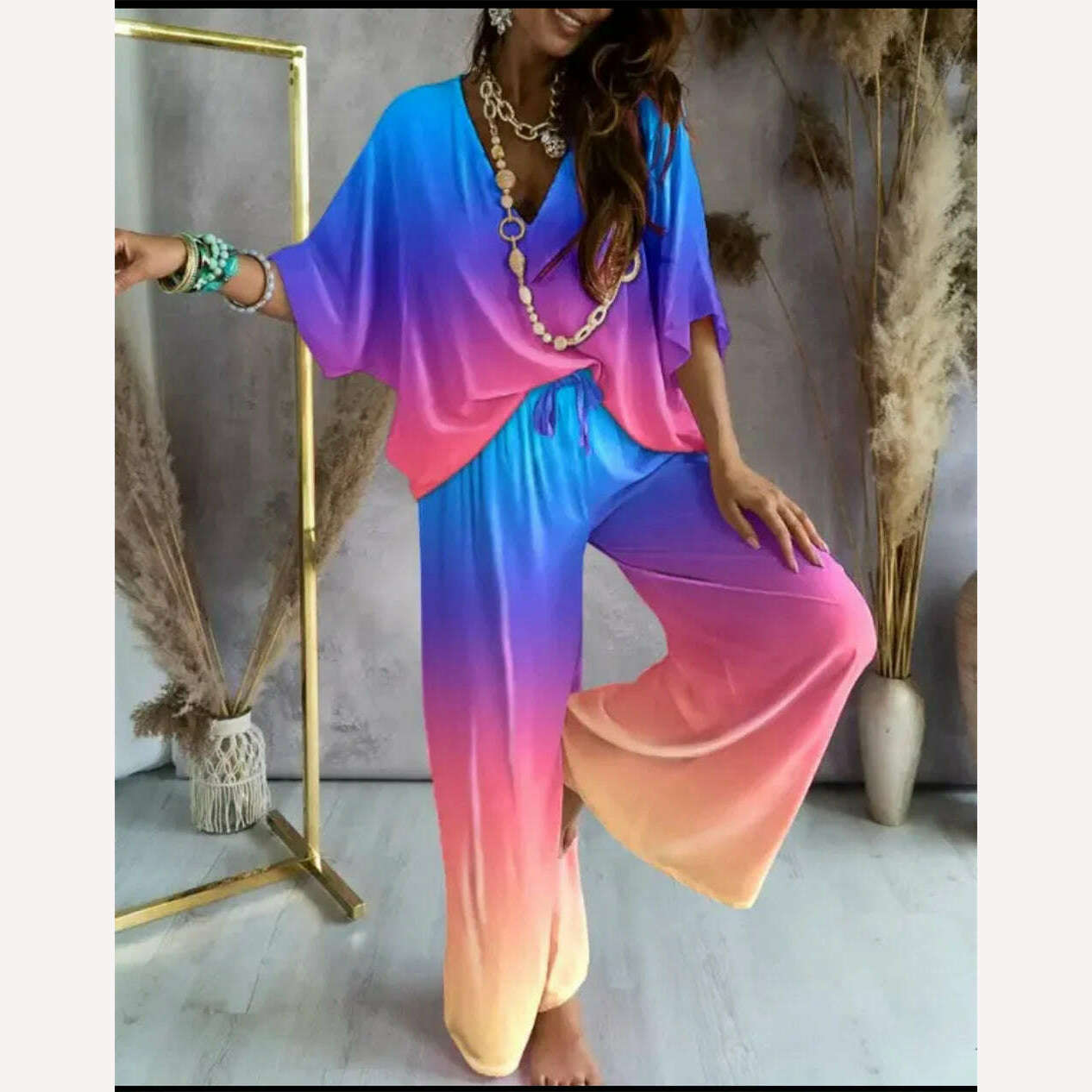 KIMLUD, Women Pants Sets Batwing Sleeve V-neck Blouse + Tie-up Straight Pant Homewear 2023 New in Summer Outfit Casual Loose 2 Piece Set, KIMLUD Womens Clothes