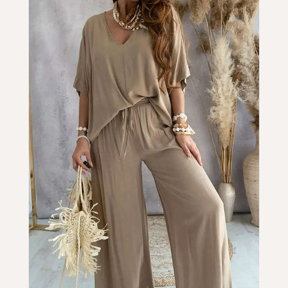 KIMLUD, Women Pants Sets Batwing Sleeve V-neck Blouse + Tie-up Straight Pant Homewear 2023 New in Summer Outfit Casual Loose 2 Piece Set, KIMLUD Womens ClothesKIMLUD, Women Pants Sets Batwing Sleeve V-neck Blouse + Tie-up Straight Pant Homewear 2023 New in Summer Outfit Casual Loose 2 Piece Set, Camel / S, KIMLUD APPAREL - Womens Clothes